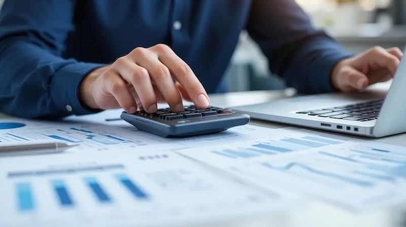 Person berechnet Geschäftszahlen mit Taschenrechner und Laptop auf einem Schreibtisch mit Diagrammen