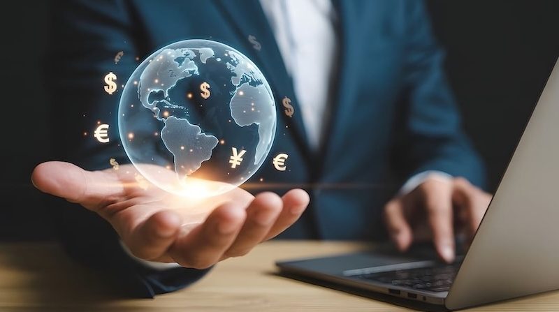 Ein Business-Mann hält eine digitale, holografische Weltkugel mit internationalen Währungssymbolen in der Hand – ein modernes Symbol für globale Finanztechnologie und digitales Banking.