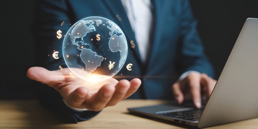 Ein Business-Mann hält eine digitale, holografische Weltkugel mit internationalen Währungssymbolen in der Hand – ein modernes Symbol für globale Finanztechnologie und digitales Banking.